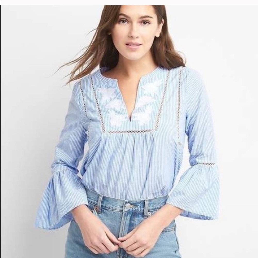 Gap Stripped Embroidered Top with Bell Sleeves